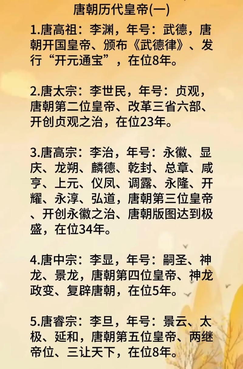关于唐朝皇帝列表：历史上唐朝共经历12位皇帝的信息